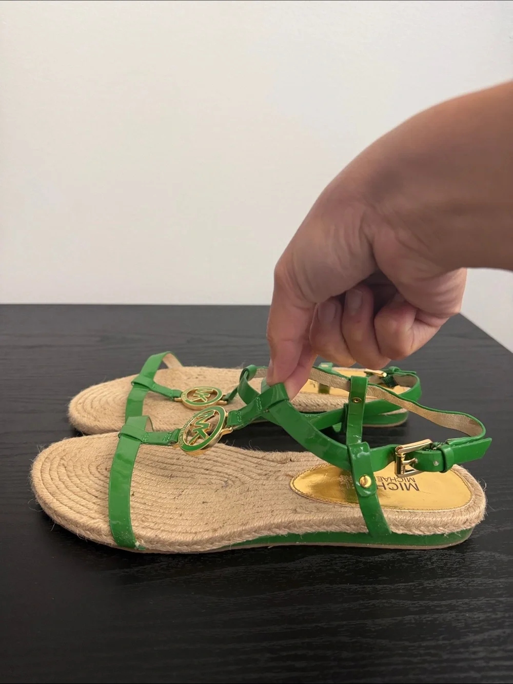 Michael Kors Green Leather MK Medallion Espadrille Sandals